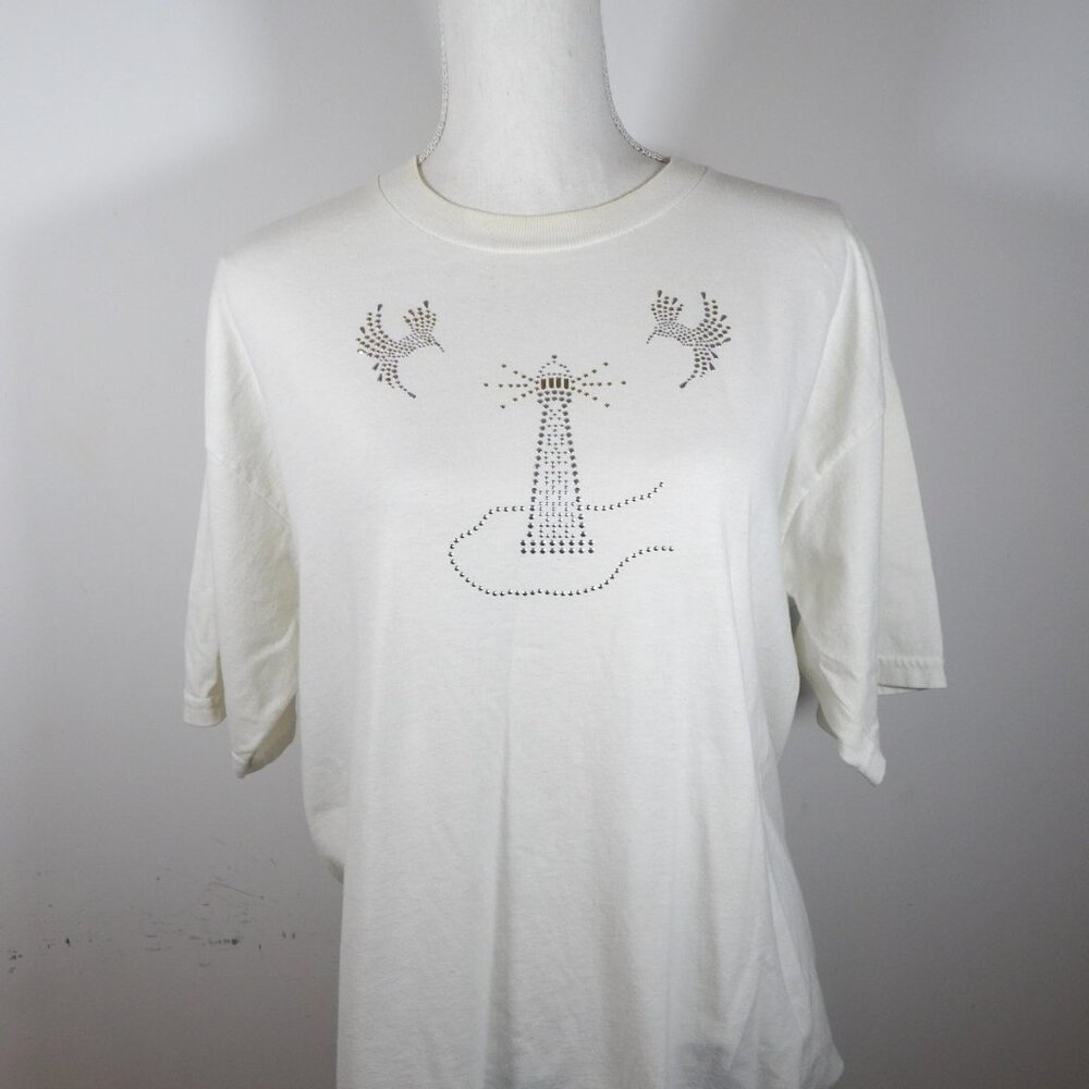 Women's Vintage White Tee Shirt with Silver Studded Lighthouse and Birds Large